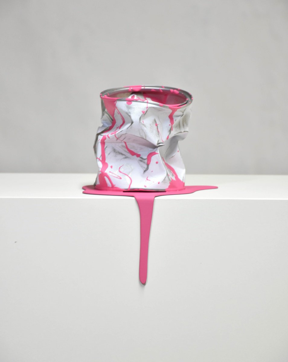 Urban And Pop Still Life Sculpture By Yannick Bouillault, 6 X 9", Le Vieux Pot De Peinture Rose, Original Artwork