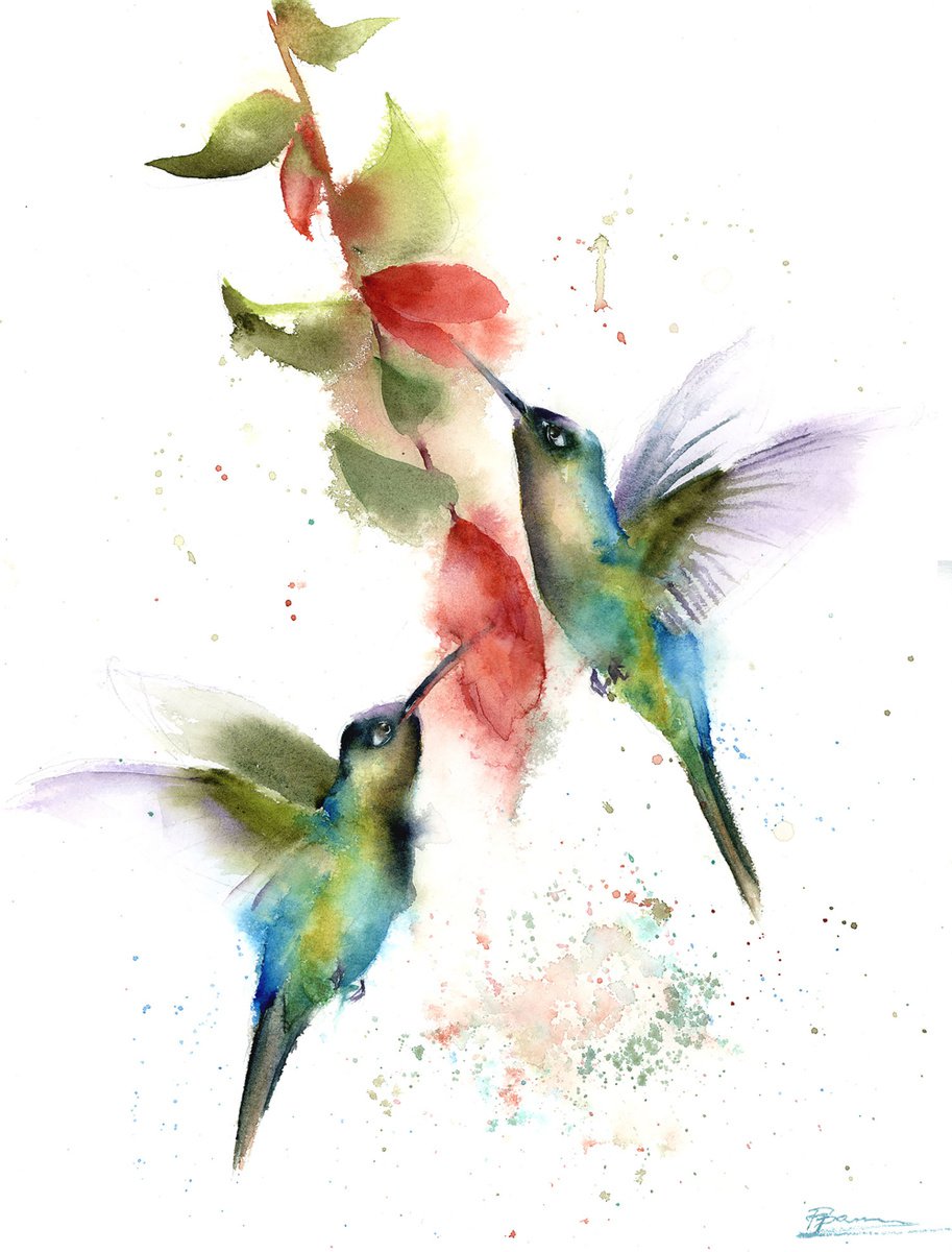 Impressionistic Animal Watercolour By Olga Tchefranov (Shefranov), 12 X 16", Two Flying Hummingbirds, Original Artwork