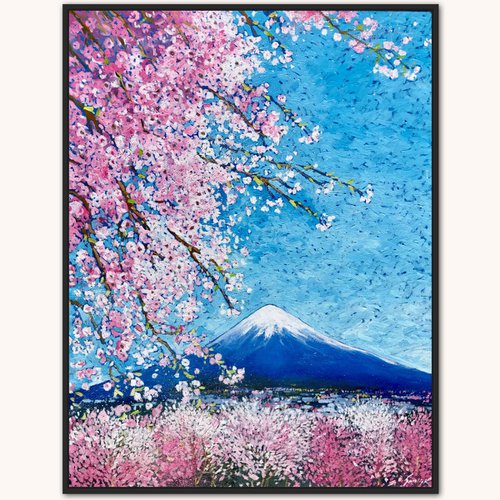 Spring in Japan, pink blooming painting on canvas by Volodymyr Smoliak