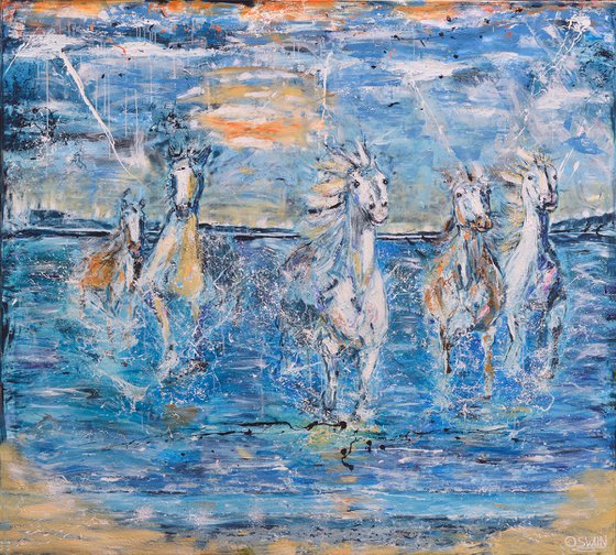 Horse painting - WE ARE FREE TO DELIGHT 200 x 180 x 4 cm Equine art by Oswin Gesselli