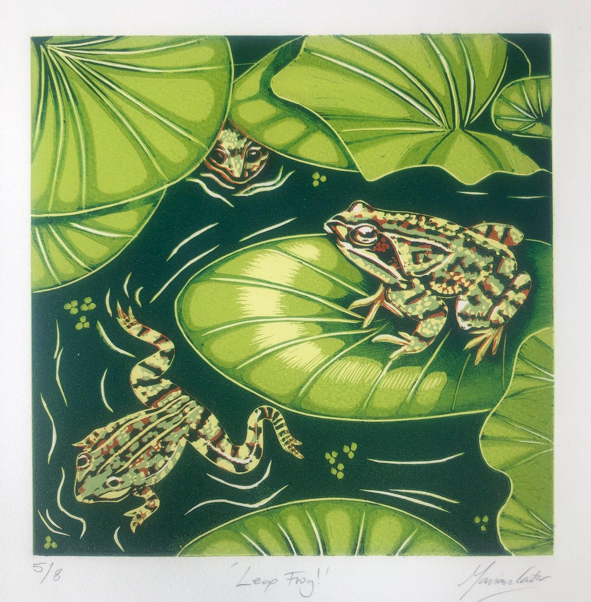 Illustrative Animal Linocut By Marian Carter, 11 X 11", Leap Frog, Original Artwork