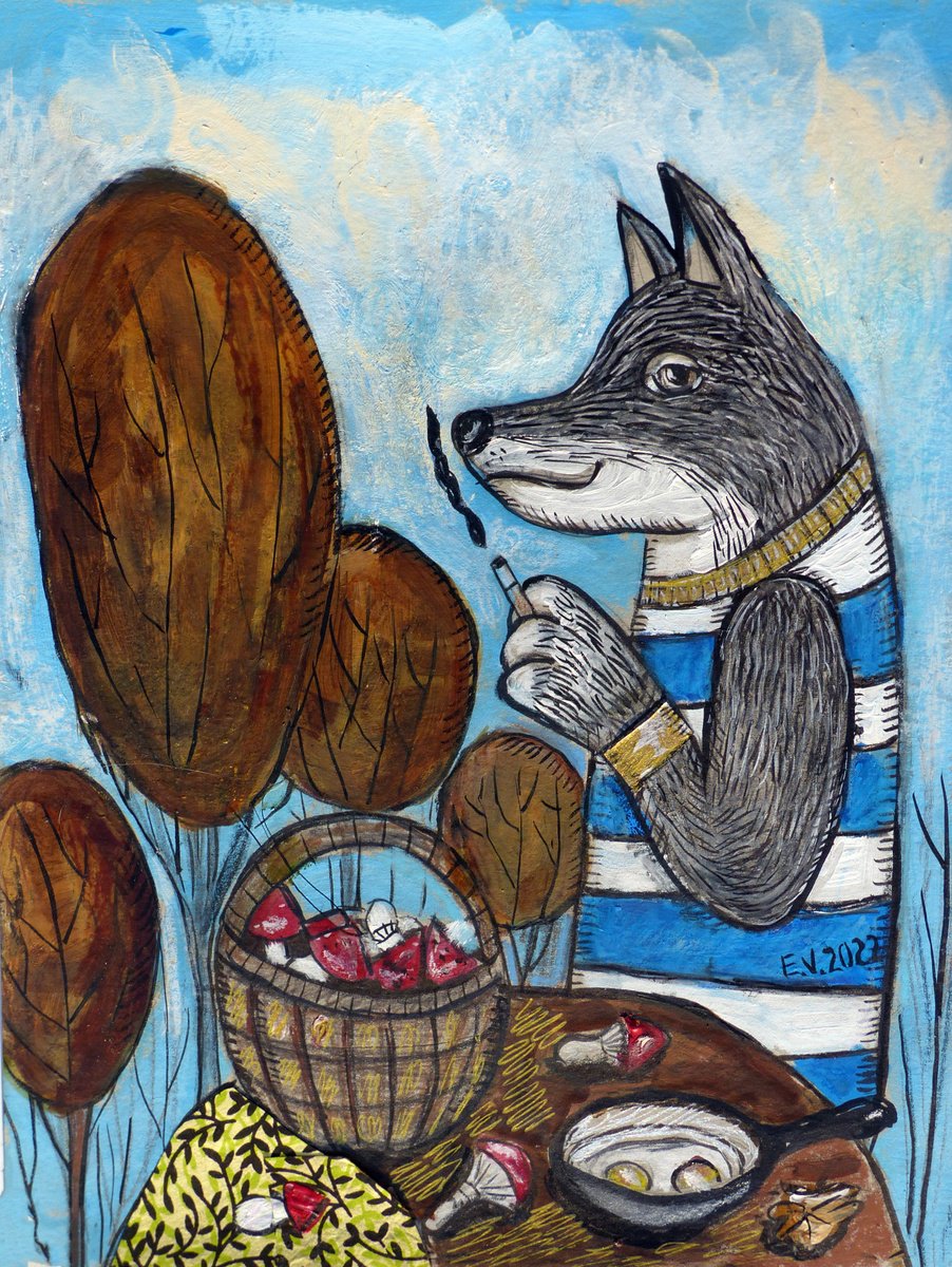 Naive Animal Painting By Elizabeth Vlasova, 9 X 12, Autumn Nostalgia, Original Artwork