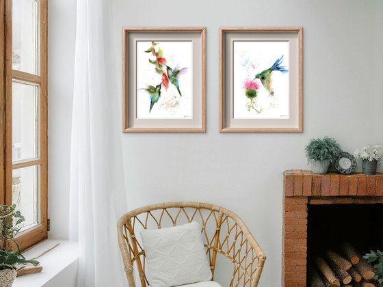 Hummingbirds And Flower -  Diptych