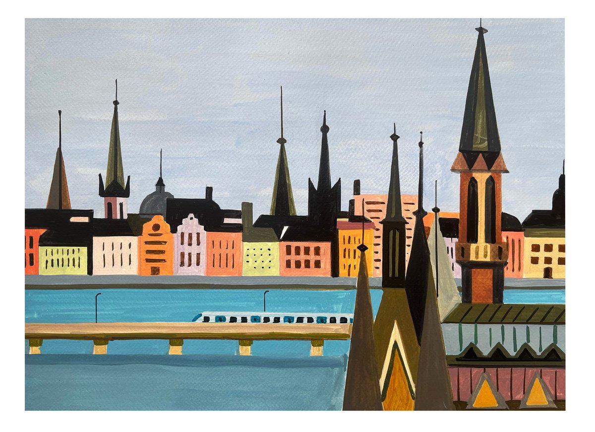 Urban And Pop Cityscapes Acrylic Painting By Andre Baldet, 17 X 13, Stockholm-04, Original Artwork