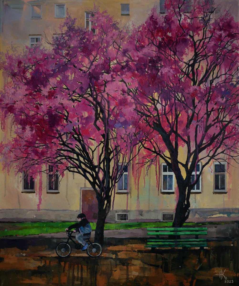 Expressive Cityscapes Oil Painting By Zhanna Kondratenko, 30 X 35", Blossoming. Cyclist, Original Artwork