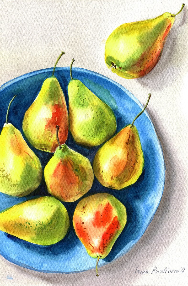 Pears on blue plate original watercolor painting, modern still life decor, kitchen decor by Irina Povaliaeva