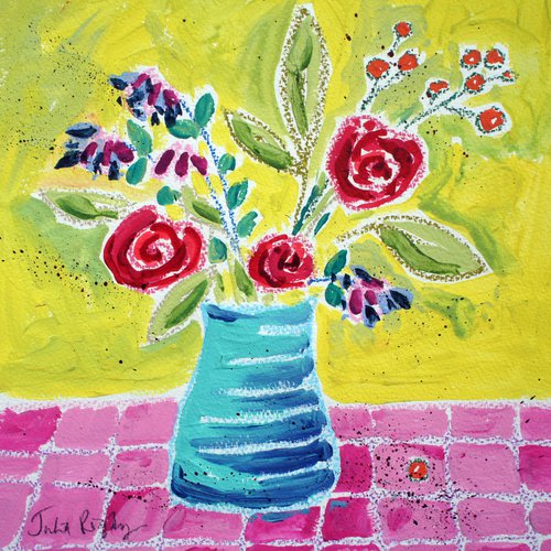 Red Roses, Blue Vase by Julia  Rigby