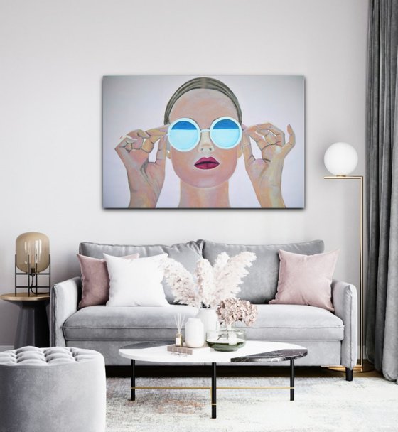 Extra large  painting, Girl with sunglasses / 140 x 90 x 5 cm