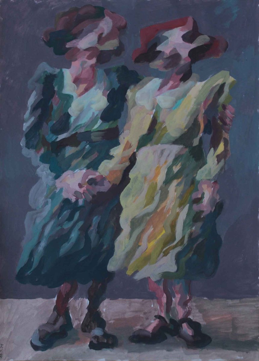 Expressive Portrait Acrylic Painting By Martin Singer, 12 X 16", Two Women, Original Artwork