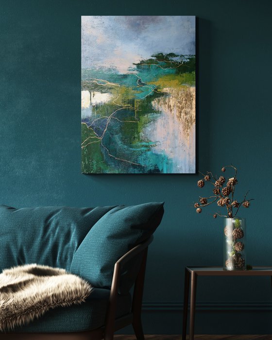"Aspen 2" Abstract nature green gold art