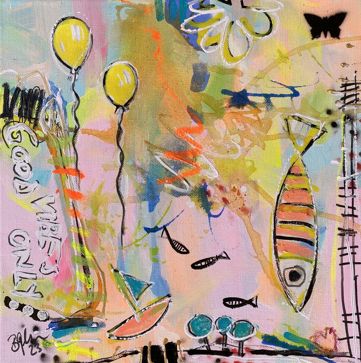 Urban And Pop Abstract Acrylic Painting By Bea Schubert, 12 X 12, Good Vibes Only No.8, Original Artwork