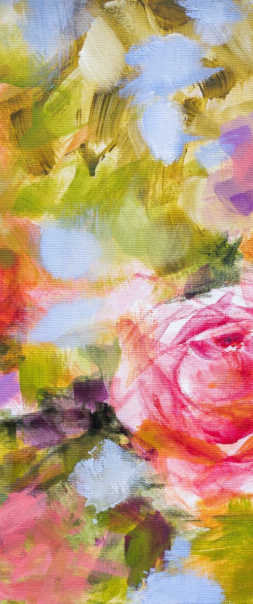 Pop roses - flowers in a garden - impressionistic semi abstract floral painting by Fabienne Monestier