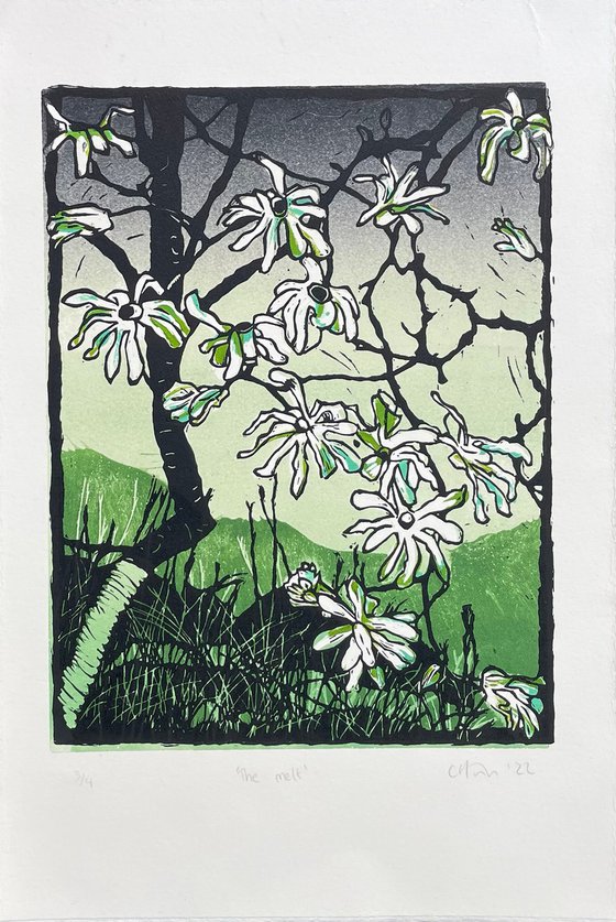 The Melt - Magnolia Blossom Contemporary Linocut Print