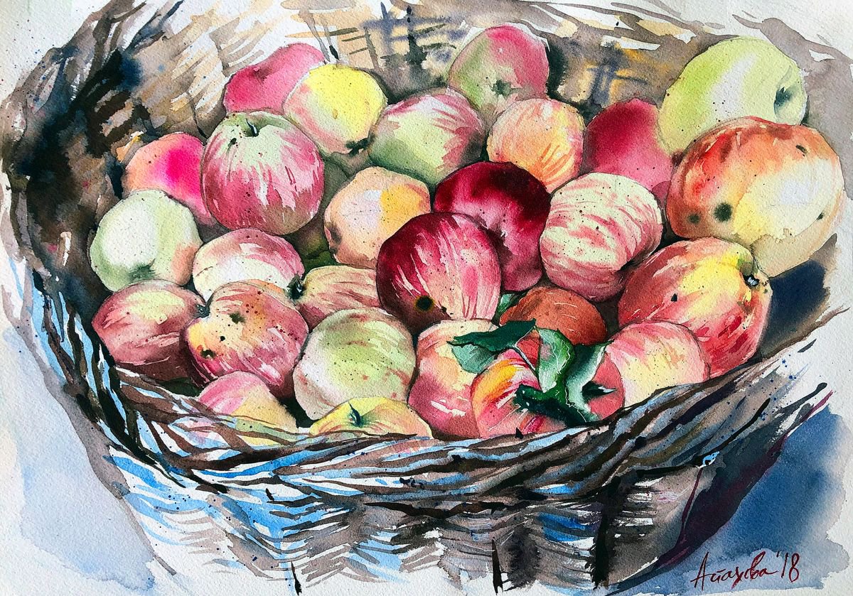 Impressionistic Still Life Watercolour By Ksenia Astakhova, 20 X 14", First Harvest, Original Artwork