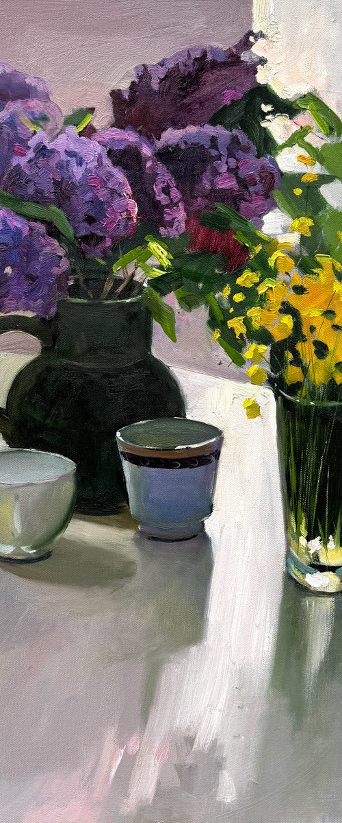 Sill Life with Lilac and yellow wildflowers by Evgeniia Mekhova