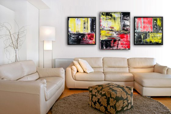 "The Reckoning" - Save As A Series - Original PMS Large Abstract Triptych Acrylic Paintings On Plexiglass and Gallery Wrap Canvas, Framed - 80" x 35"