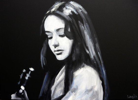 Black and white painting Music painting Girl with a guitar