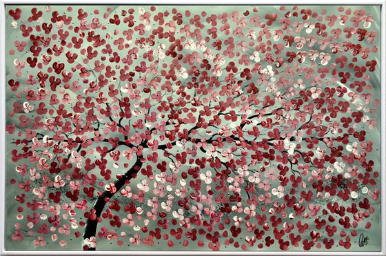 Romantic  acrylic abstract painting cherry blossoms nature painting framed canvas wall art