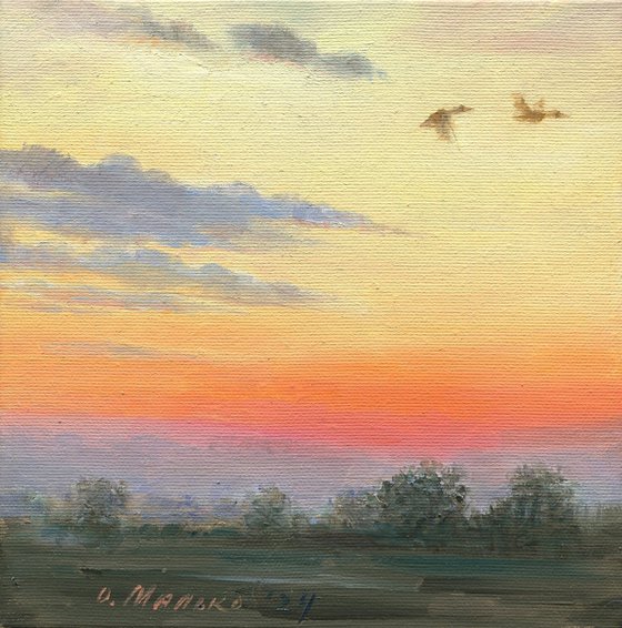 Wild ducks in the evening sky / ORIGINAL oil picture ~8x8in (20x20cm)