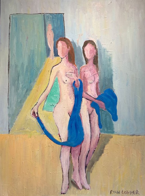 Three Nude Women and Two Blue Towels