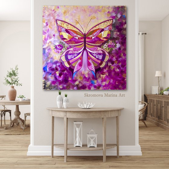 PINK URANIA - Big butterfly. Pink butterfly. Tropical butterfly. Abstract butterfly. Magic wings. Gold splashes. Steampunk style. Nature. Air. Flutters.