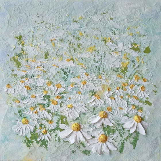 Chamomile happiness 1. Light relief landscape with white flowers. Summer blooming