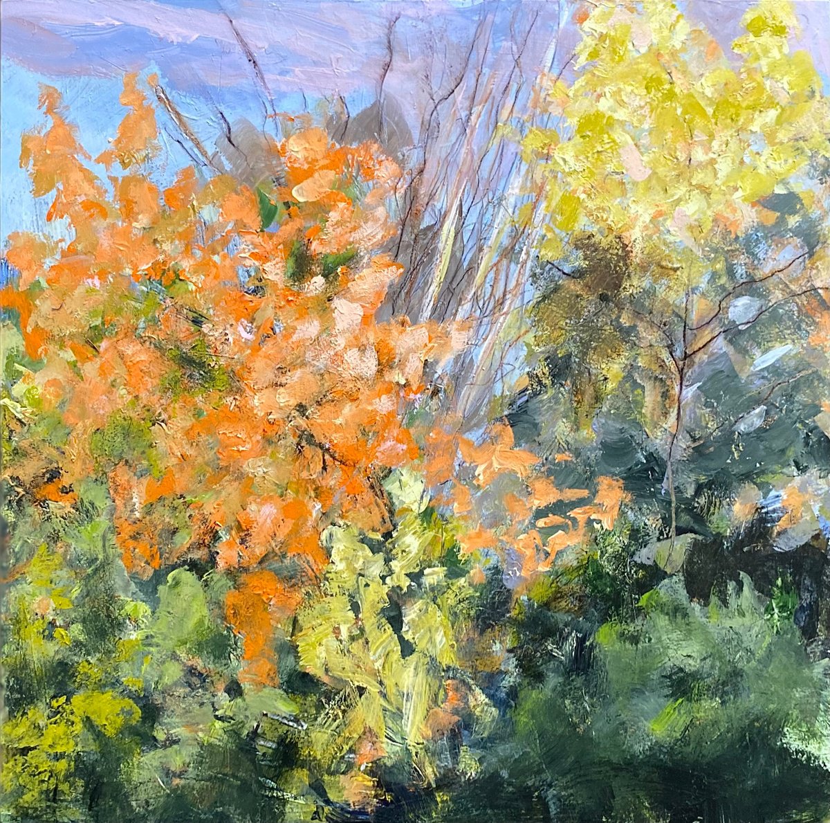 Impressionistic Landscape Acrylic Painting By Nikki Wheeler, 14 X 14", Last Light From The Studio Window, Original Artwork