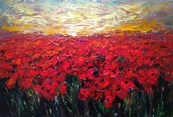 Sunset On Poppy Field. Original Impasto Acryl Painting With Palette Knife.