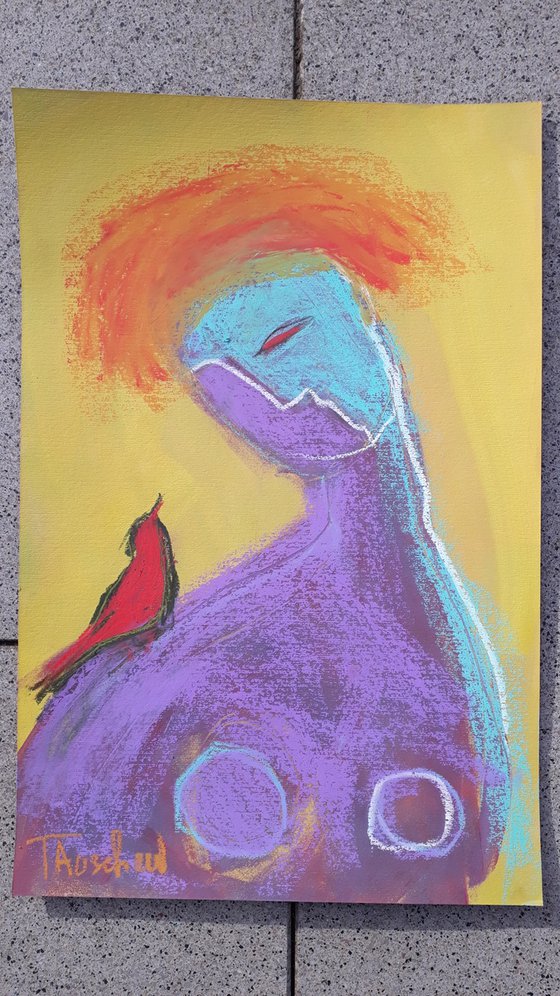 Portrait with a red bird.