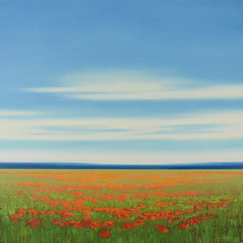 Lush Flower Field - Blue Sky Landscape by Suzanne Vaughan
