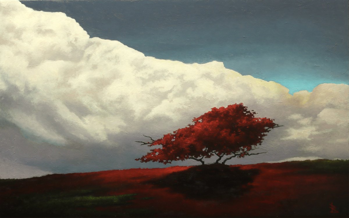Photorealistic Landscape Oil Painting By Oleg Baulin, 31 X 20", Red And White, Original Artwork