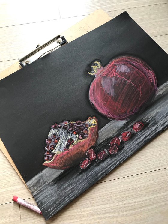 Pomegranates still life pastel drawing 27x39 cm