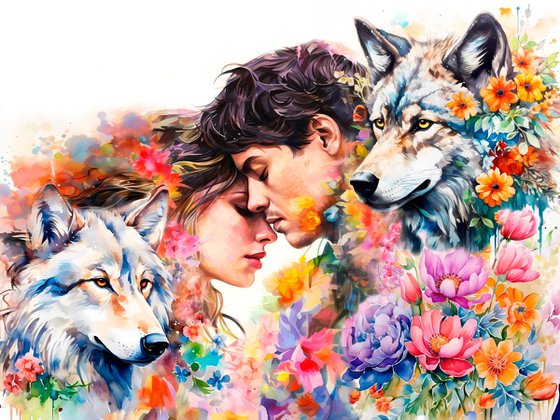 Man woman in flowers. Wolves