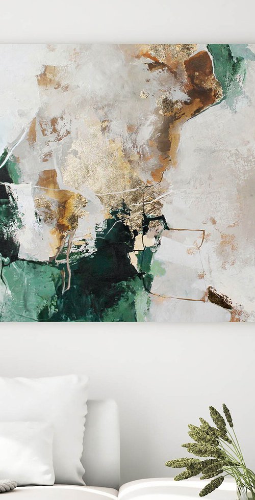 "Green Avalanche 3" Abstract green gold art by Yana Sagan