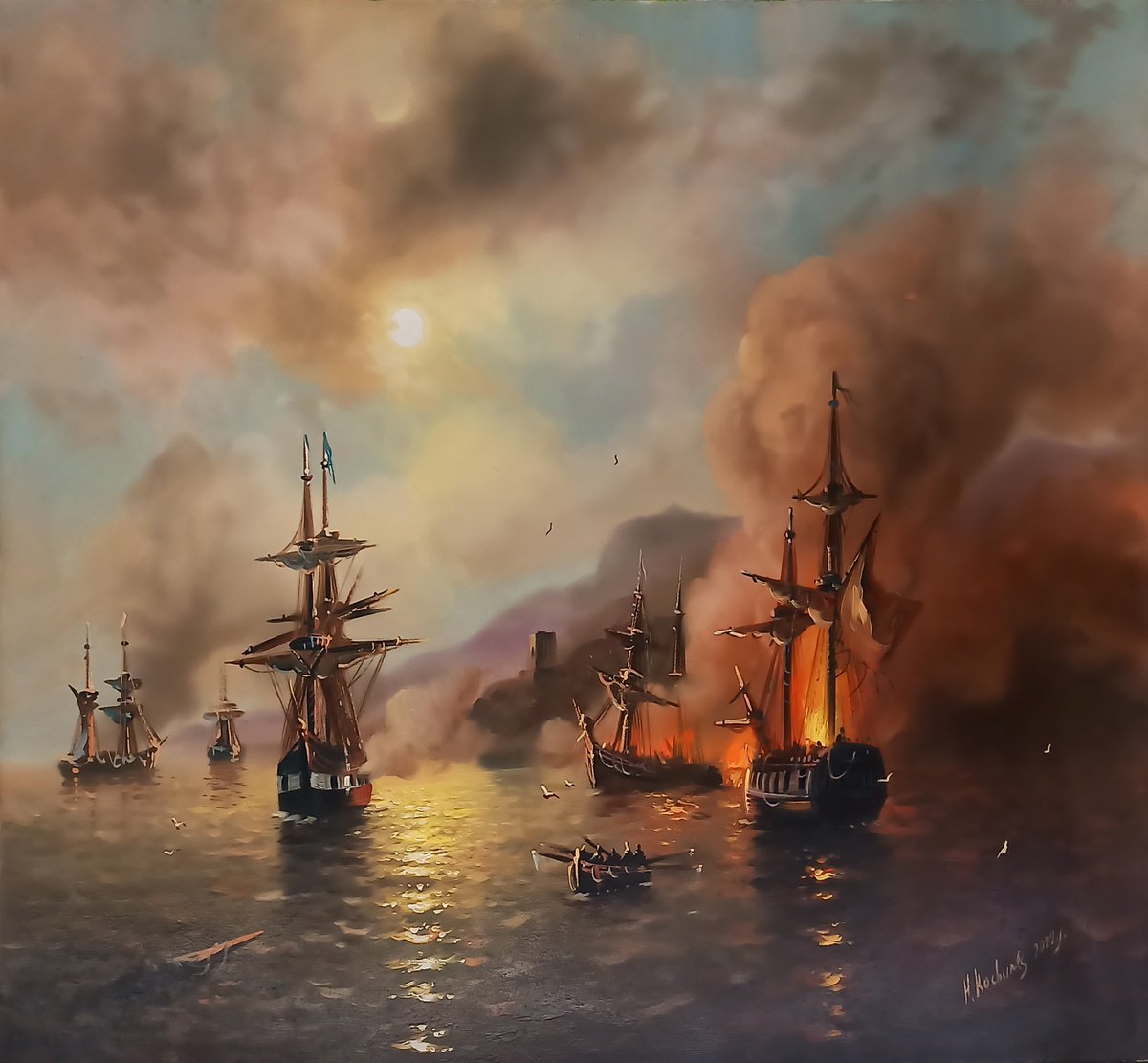Naval battle (100x90cm, oil painting) by Harutyun Qochunc