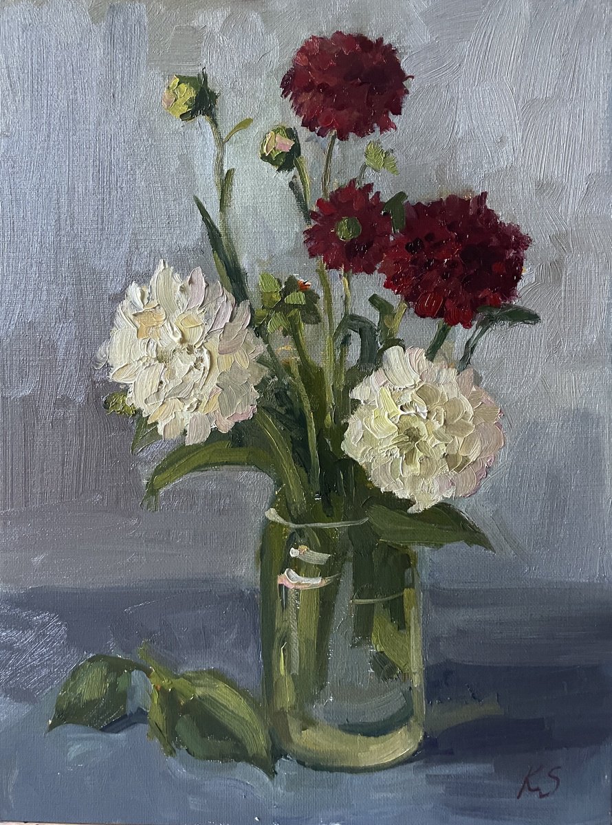 Impressionistic Botanical Oil Painting By Kate Sosonna, 12 X 16", Dahila Flowers, Original Artwork