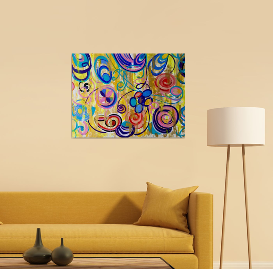 Abstract painting , summer and sunshine, turquoise,  gold, red lemon painting.