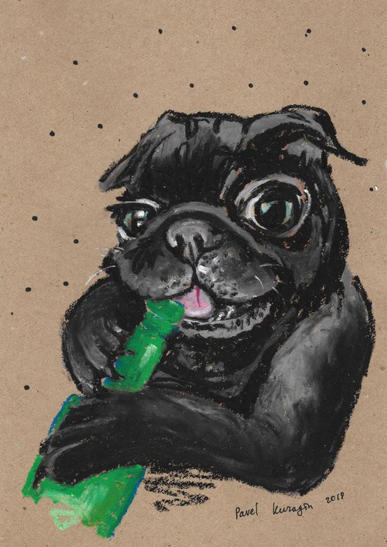 Little pug and bottle