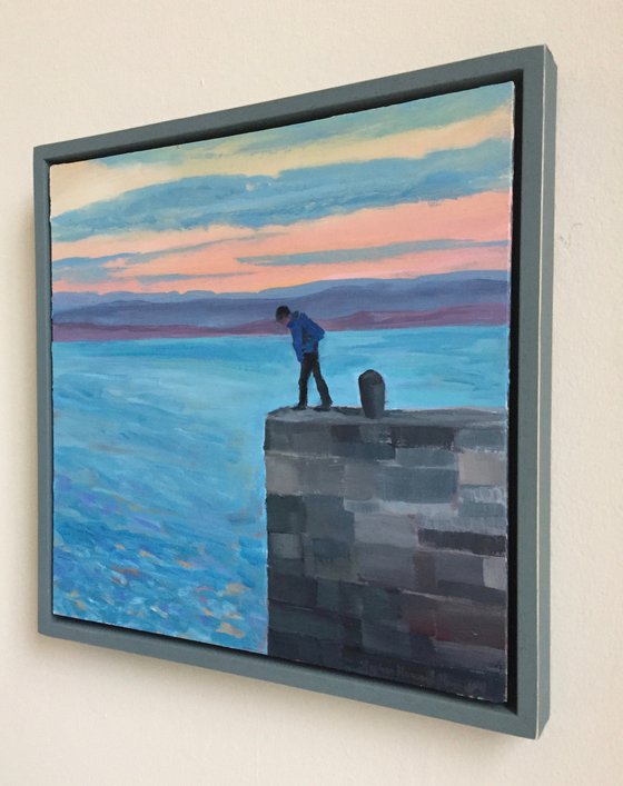 'A Man looks over the edge of Cellardyke Harbour walls, Fife'