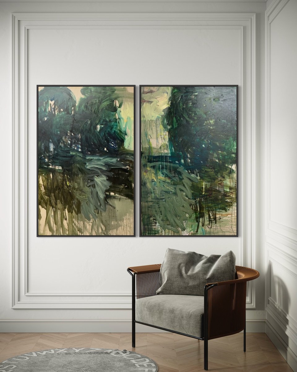 Expressive Landscape Oil Painting By Lilia Orlova-Holmes, 71 X 55", Green River. Diptych., Original Artwork