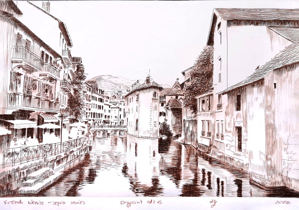 Cityscapes Etchings & Engravings By Aneta Gajos, 12 X 8, French Venice - Sepia, Original Artwork