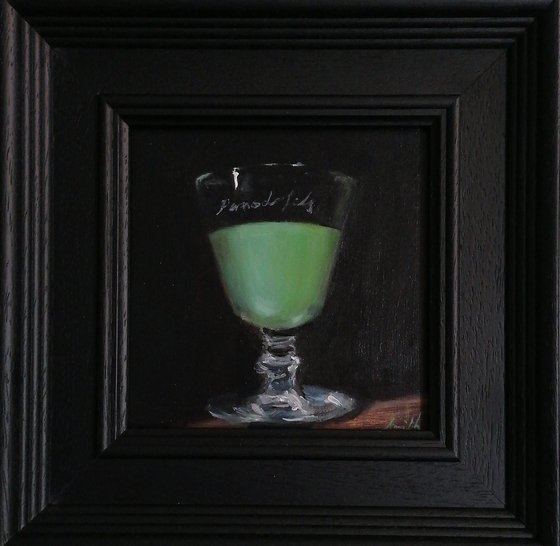 Pernod Absinthe Still Life original oil realism painting, with black wooden frame.