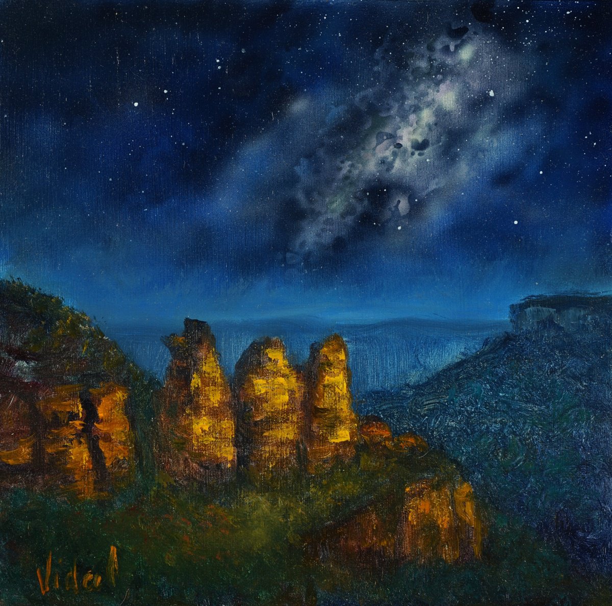 Impressionistic Landscape Painting By Christopher Vidal, 9 X 9, Three Sisters At Night, Original Artwork