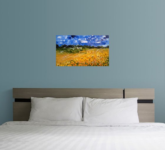 Ukraine Painting Landscape Original Art Sunflower Field Oil Impasto Artwork Ukrainian Sky Home Wall Art 20 by 12 inches