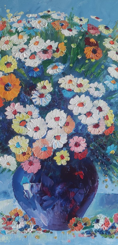 Field flowers in a vase (60x70cm, oil painting,  ready to hang) by Hayk Miqayelyan