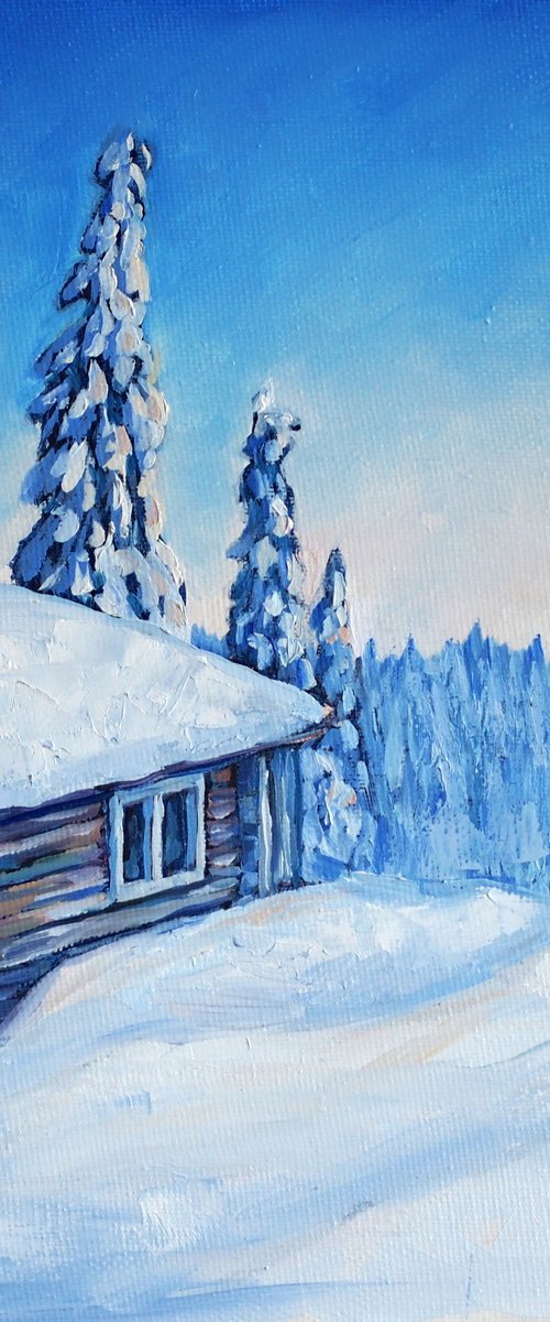 Cabin in the snowy woods by Alfia Koral