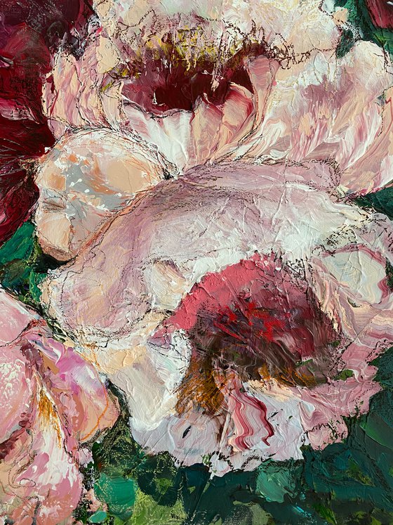 PEONIES ON EMERALD- original painting on canvas floral