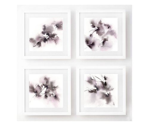 Black abstract flowers painting set, set of 4 monochrome drawings "Summer rain" by Olga Grigo