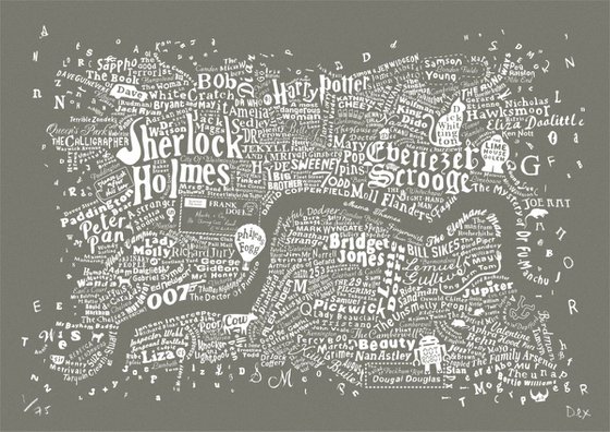 Literary Central London Map (grey screenprint)