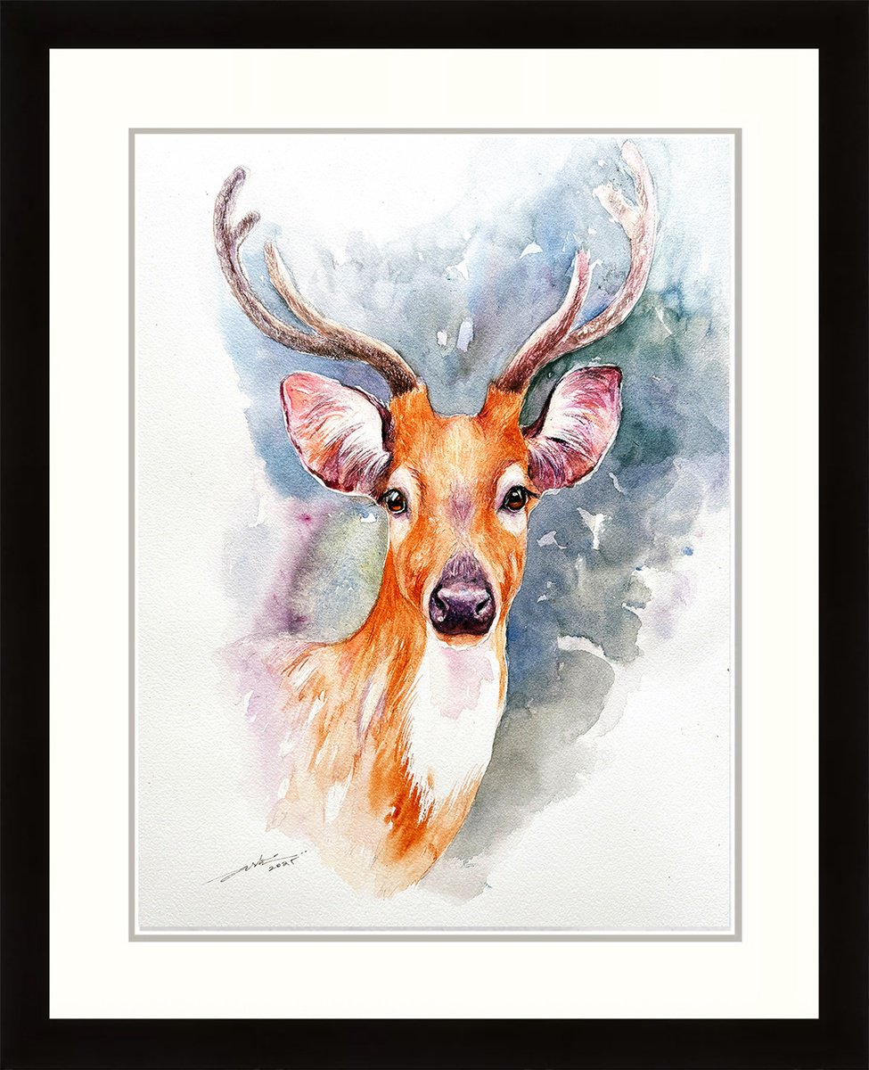 Photorealistic Animal Watercolour By Arti Chauhan, 16 X 19, Wild Grace-Chital, Original Artwork